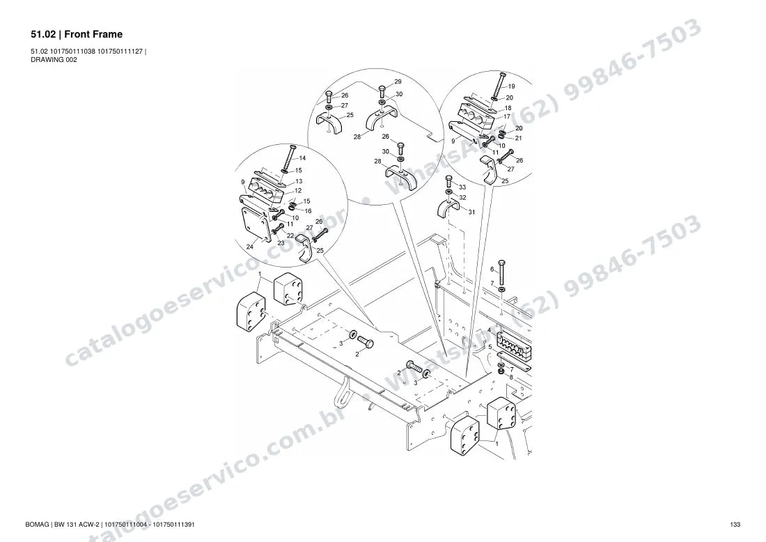 Catálogo de peças Bomag BW 131 ACW-2: vista explodida do conjunto 51.02 Front Frame