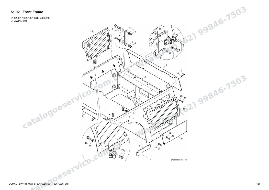 Catálogo de peças Bomag BW 131 ACW-3: vista explodida do conjunto 51.02 Front Frame