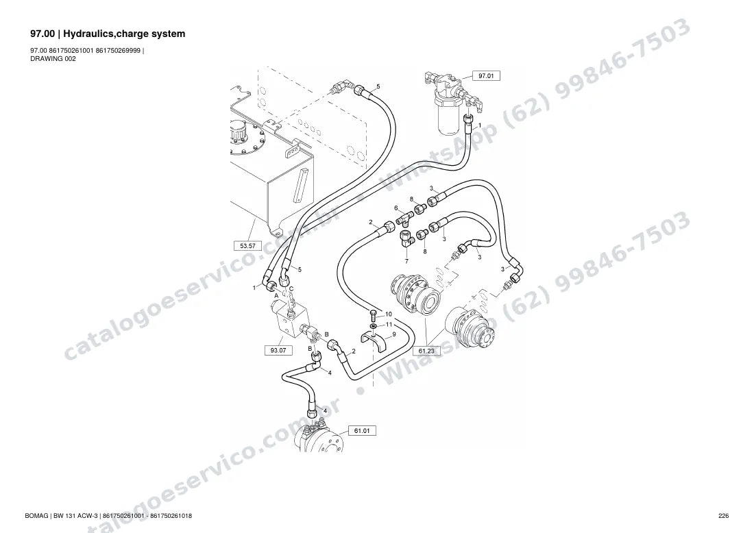 Catálogo de peças Bomag BW 131 ACW-3: vista explodida do conjunto 97.00 Hydraulics,charge system