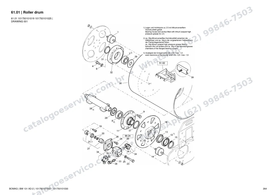 Catálogo de peças Bomag BW 131 AD-2: vista explodida do conjunto 61.01 Roller drum