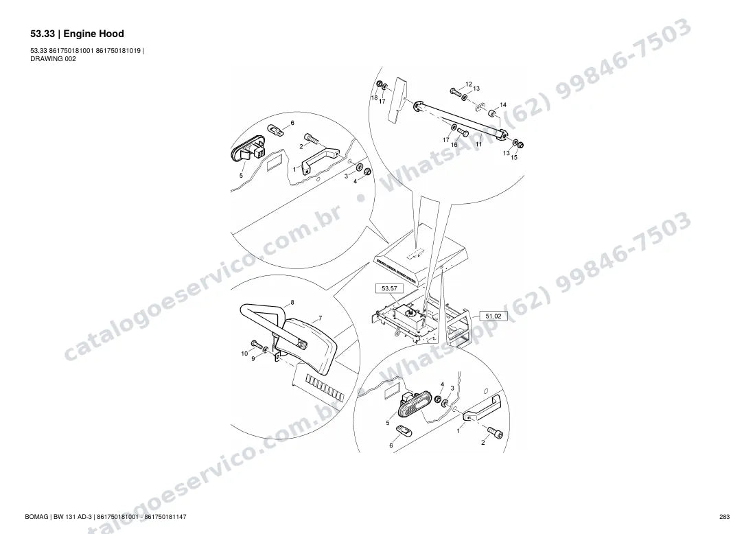 Catálogo de peças Bomag BW 131 AD-3: vista explodida do conjunto 53.33 Engine Hood