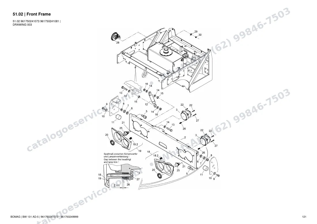Catálogo de peças Bomag BW 131 AD-5: vista explodida do conjunto 51.02 Front Frame