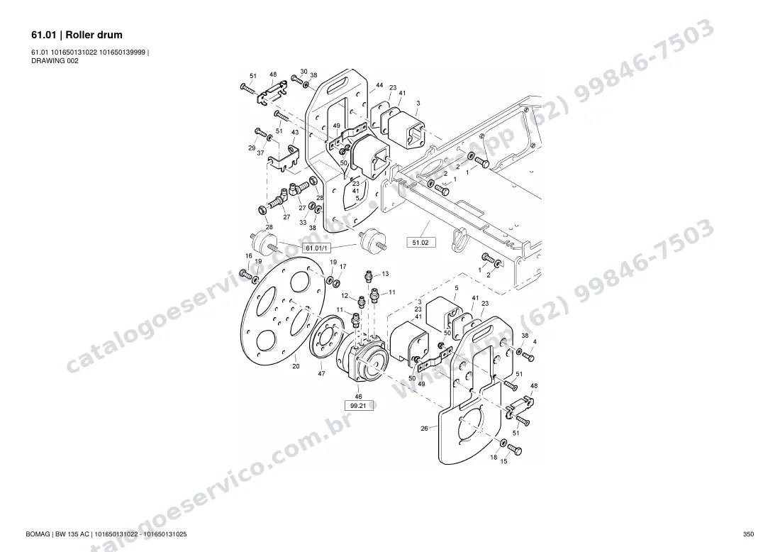 Catálogo de peças Bomag BW 135 AC: vista explodida do conjunto 61.01 Roller drum