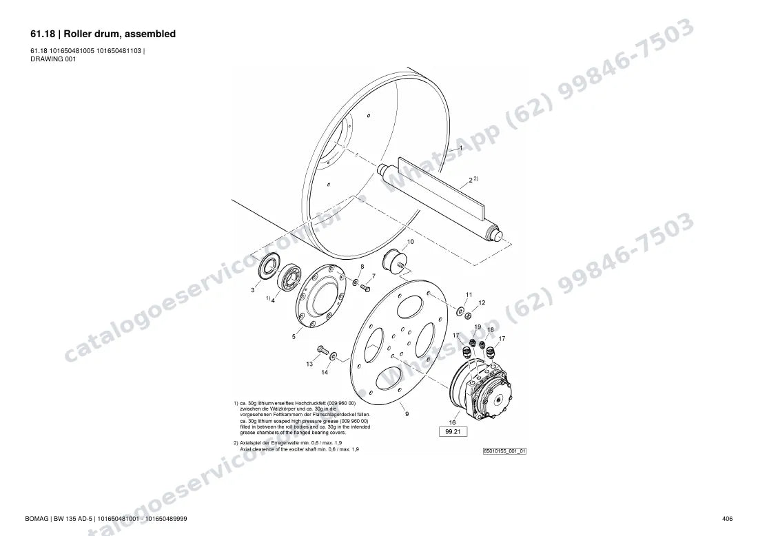 Catálogo de peças Bomag BW 135 AD-5: vista explodida do conjunto 61.18 Roller drum, assembled