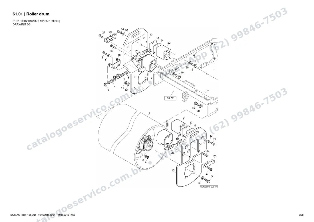 Catálogo de peças Bomag BW 135 AD: vista explodida do conjunto 61.01 Roller drum