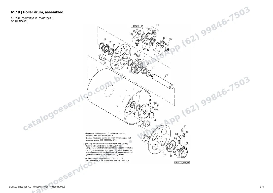 Catálogo de peças Bomag BW 138 AD: vista explodida do conjunto 61.18 Roller drum, assembled