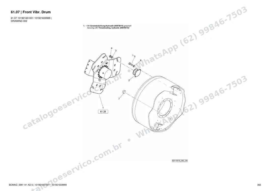 Catálogo de peças Bomag BW 141 AD-5: vista explodida do conjunto 61.07 Front Vibr. Drum