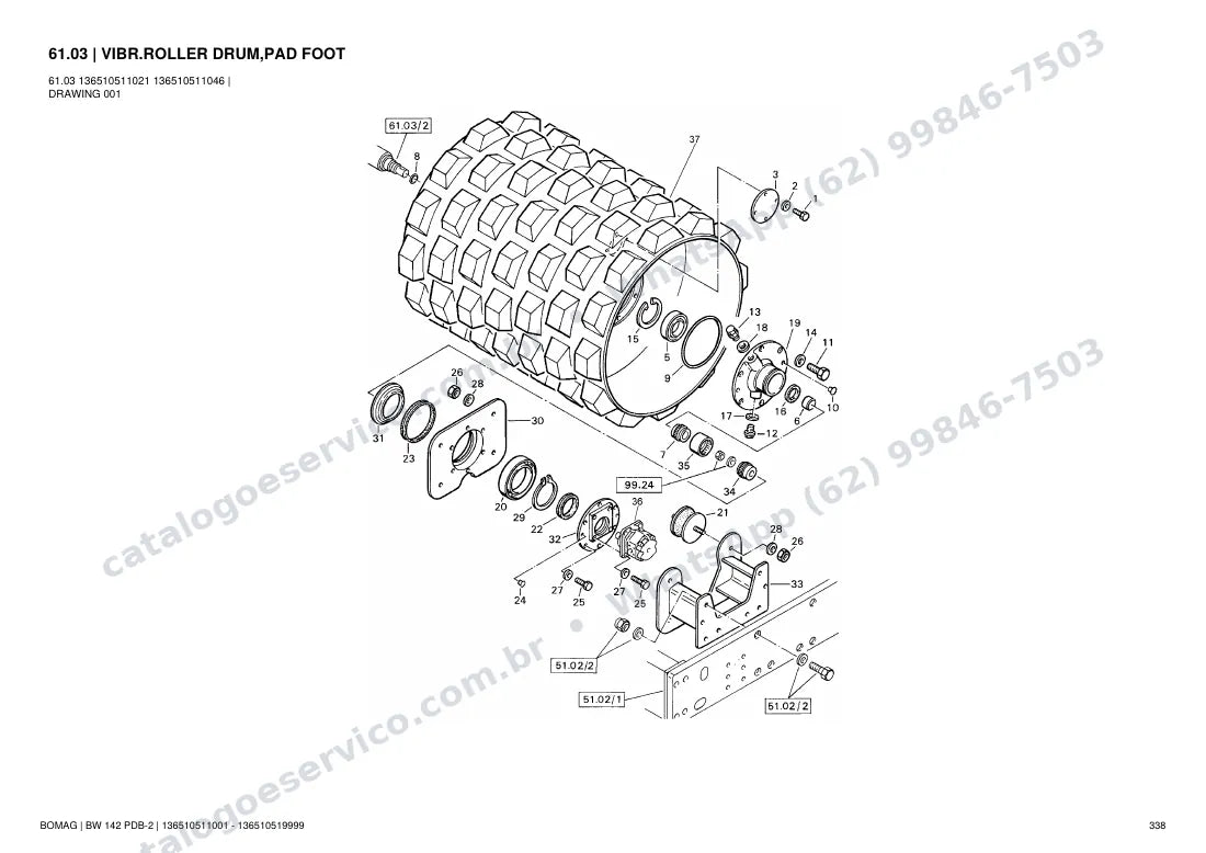 Catálogo de peças Bomag BW 142 PDB-2: vista explodida do conjunto 61.03 VIBR.ROLLER DRUM,PAD FOOT