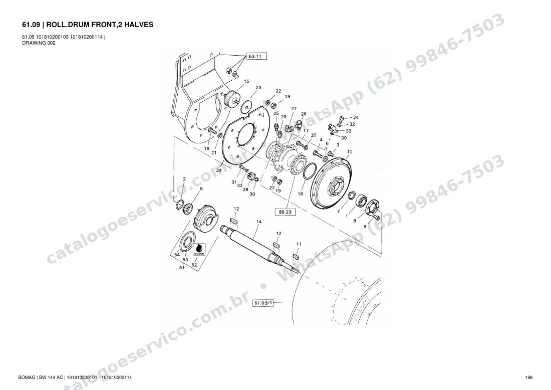 Catálogo de peças Bomag BW 144 AC: vista explodida do conjunto 61.09 ROLL.DRUM FRONT,2 HALVES