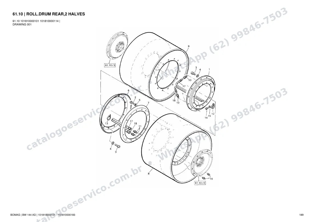 Catálogo de peças Bomag BW 144 AD: vista explodida do conjunto 61.10 ROLL.DRUM REAR,2 HALVES