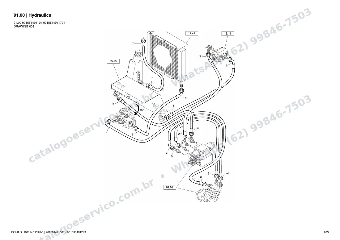 Catálogo de peças Bomag BW 145 PDH-3: vista explodida do conjunto 91.00 Hydraulics