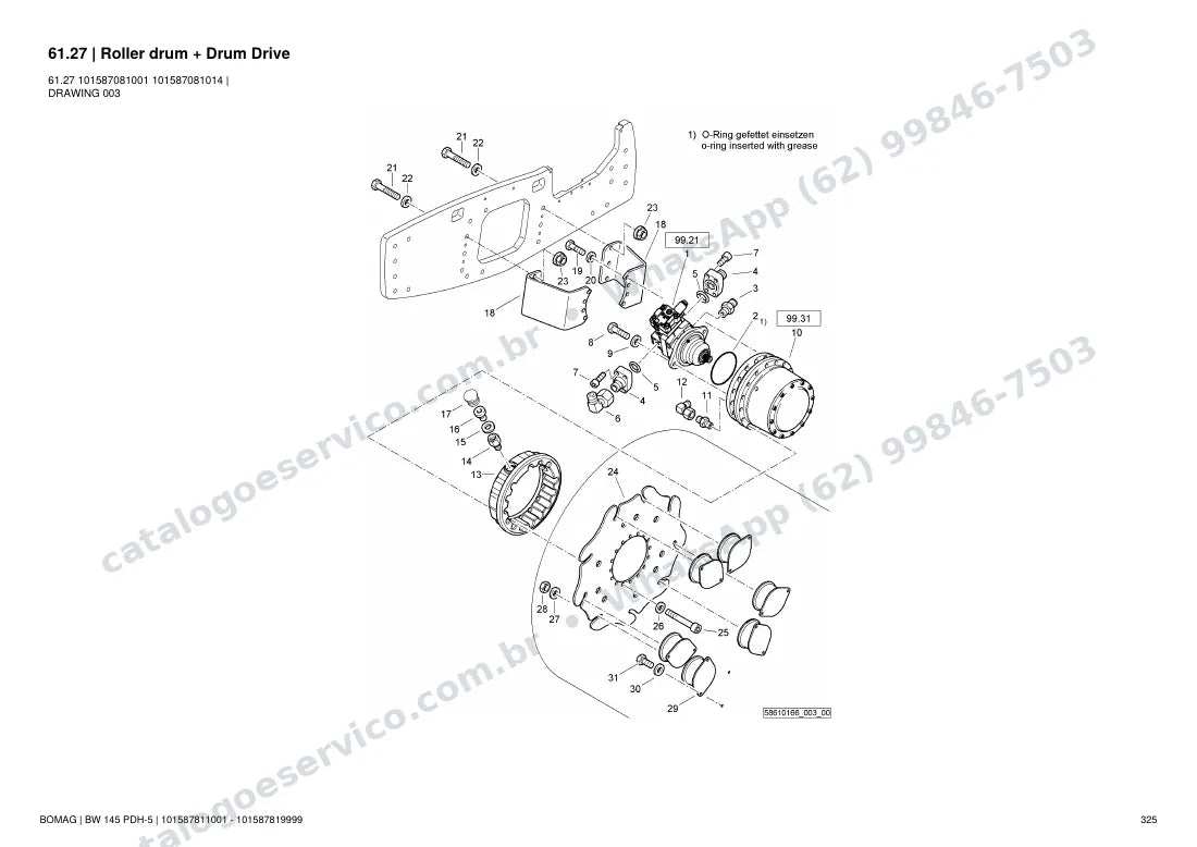 Catálogo de peças Bomag BW 145 PDH-5: vista explodida do conjunto 61.27 Roller drum + Drum Drive