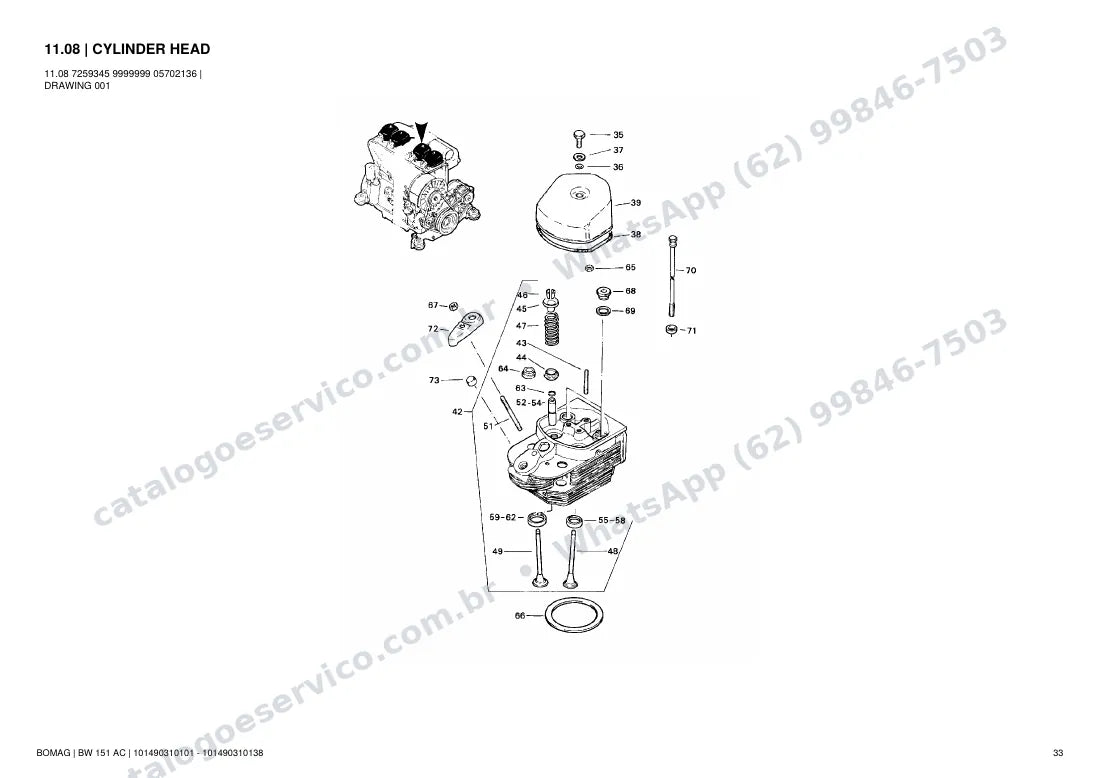 Catálogo de peças Bomag BW 151 AC: vista explodida do conjunto 11.08 CYLINDER HEAD