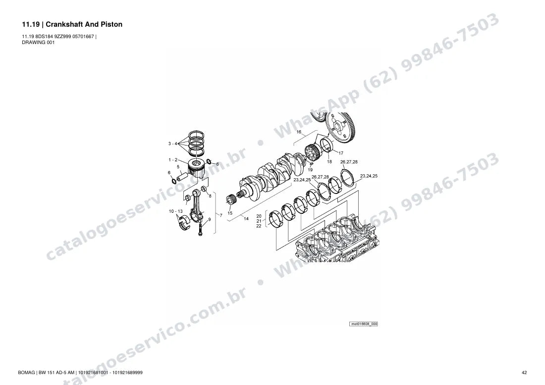 Catálogo de peças Bomag BW 151 AD-5 AM: vista explodida do conjunto 11.19 Crankshaft And Piston