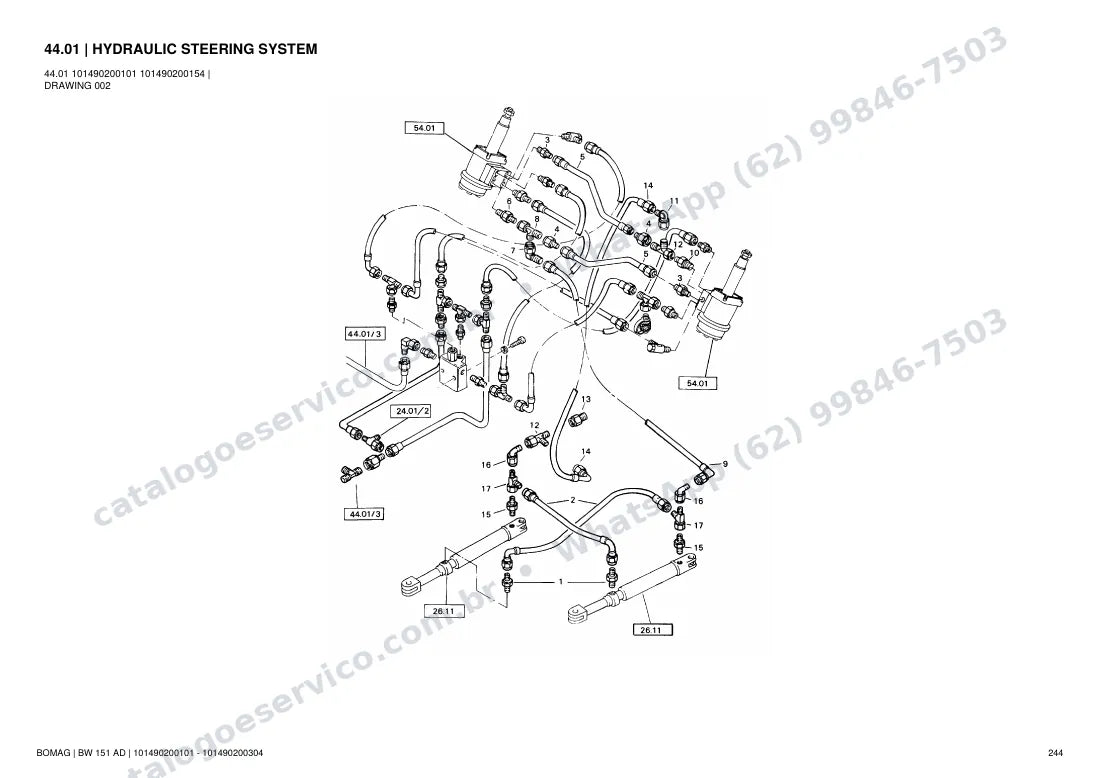 Catálogo de peças Bomag BW 151 AD: vista explodida do conjunto 44.01 HYDRAULIC STEERING SYSTEM