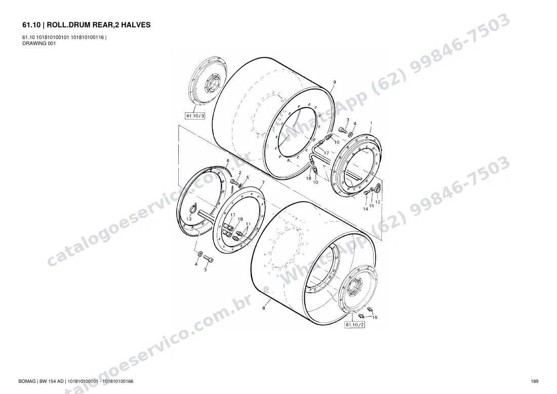 Catálogo de peças Bomag BW 154 AD: vista explodida do conjunto 61.10 ROLL.DRUM REAR,2 HALVES