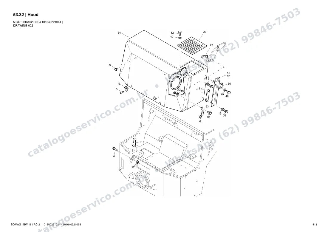 Catálogo de peças Bomag BW 161 AC-2: vista explodida do conjunto 53.32 Hood