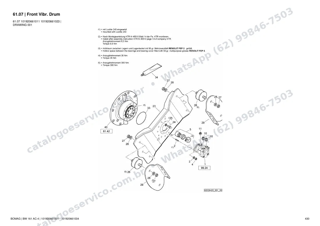 Catálogo de peças Bomag BW 161 AC-4: vista explodida do conjunto 61.07 Front Vibr. Drum