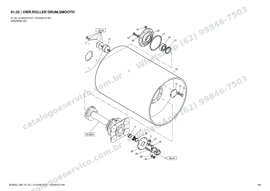 Catálogo de peças Bomag BW 161 AC: vista explodida do conjunto 61.02 VIBR.ROLLER DRUM,SMOOTH
