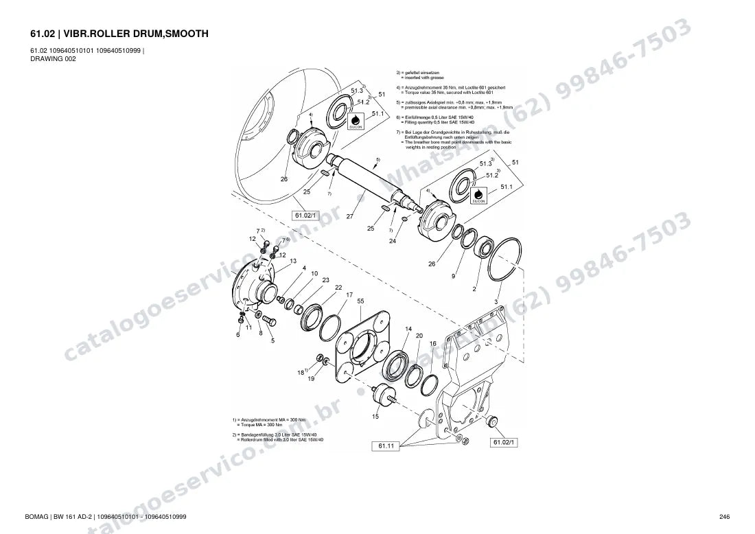 Catálogo de peças Bomag BW 161 AD-2: vista explodida do conjunto 61.02 VIBR.ROLLER DRUM,SMOOTH