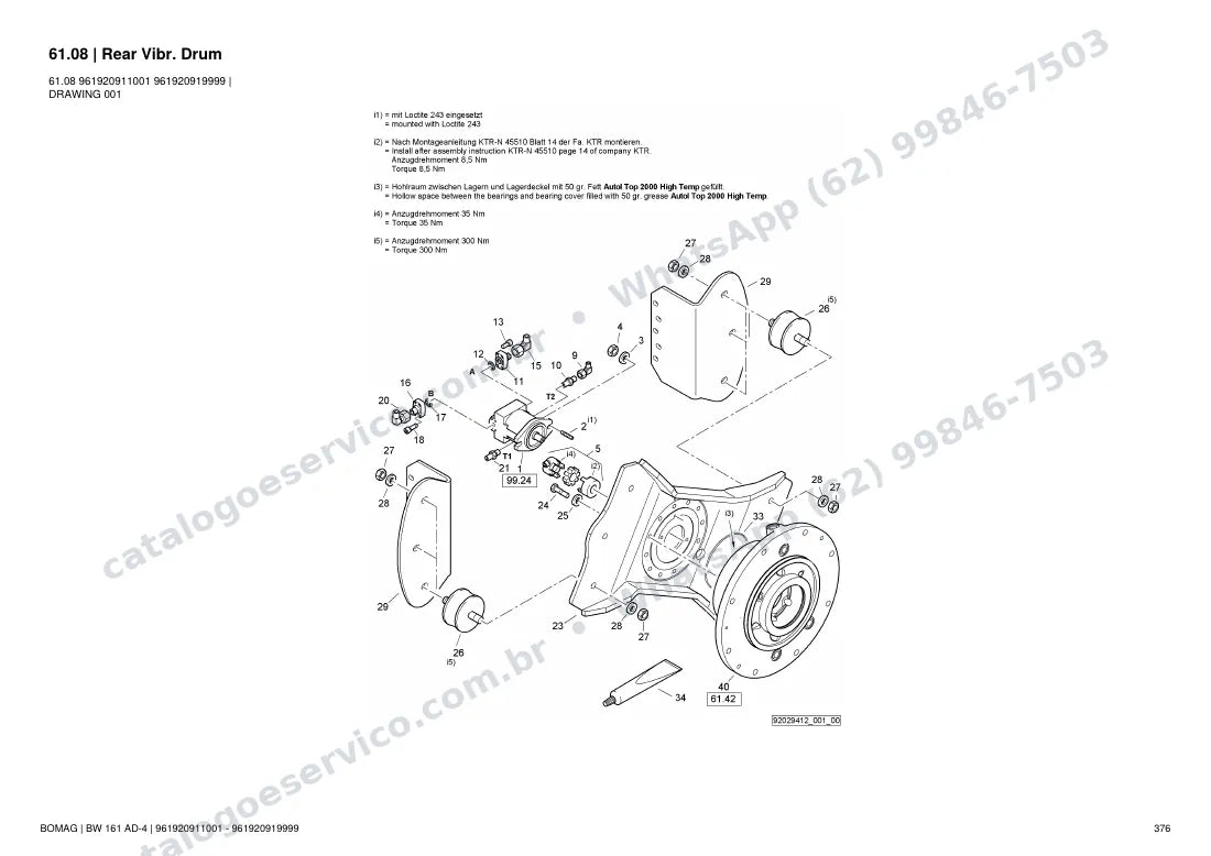 Catálogo de peças Bomag BW 161 AD-4: vista explodida do conjunto 61.08 Rear Vibr. Drum