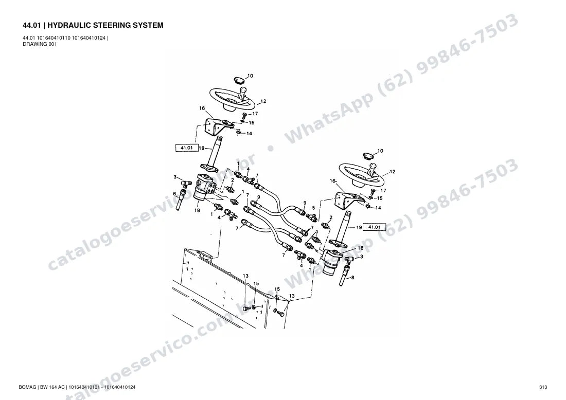 Catálogo de peças Bomag BW 164 AC: vista explodida do conjunto 44.01 HYDRAULIC STEERING SYSTEM