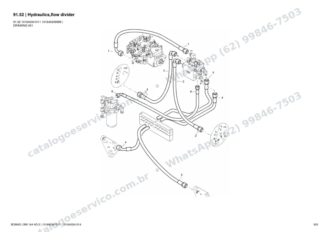 Catálogo de peças Bomag BW 164 AD-2: vista explodida do conjunto 91.52 Hydraulics,flow divider