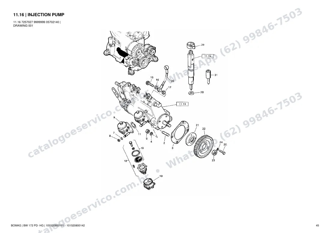 Catálogo de peças Bomag BW 172 PD-HG: vista explodida do conjunto 11.16 INJECTION PUMP