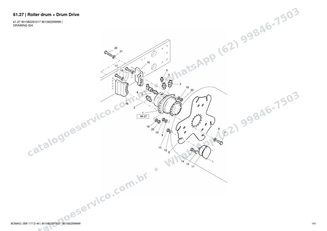 Catálogo de peças Bomag BW 177 D-40: vista explodida do conjunto 61.27 Roller drum + Drum Drive