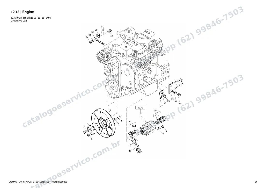 Catálogo de peças Bomag BW 177 PDH-3: vista explodida do conjunto 12.13 Engine