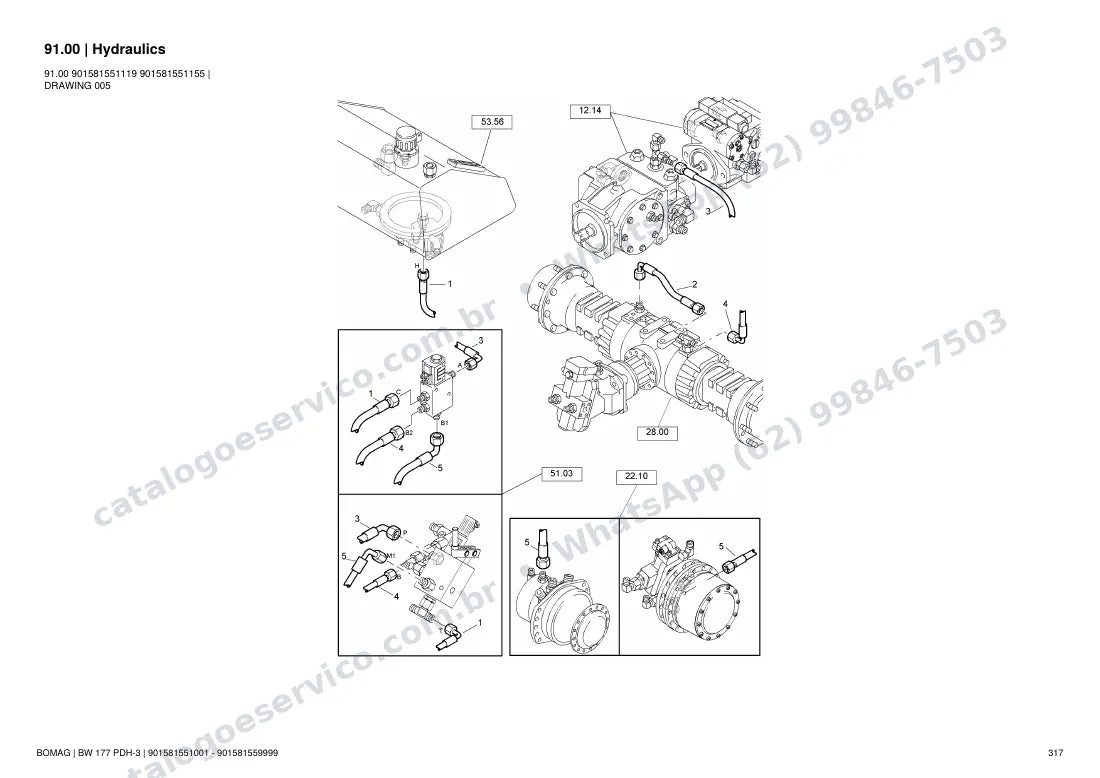 Catálogo de peças Bomag BW 177 PDH-3: vista explodida do conjunto 91.00 Hydraulics