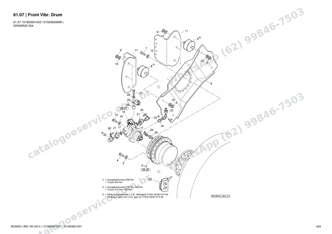 Catálogo de peças Bomag BW 190 AD-4: vista explodida do conjunto 61.07 Front Vibr. Drum
