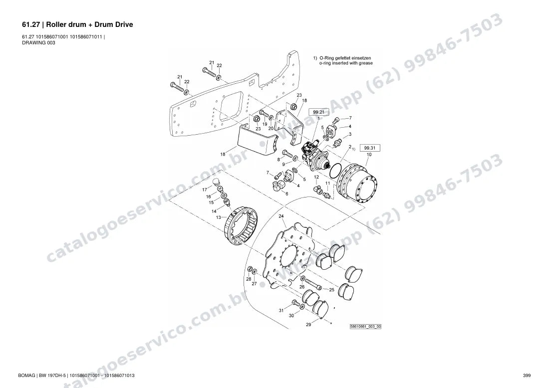 Catálogo de peças Bomag BW 197 DH-5: vista explodida do conjunto 61.27 Roller drum + Drum Drive