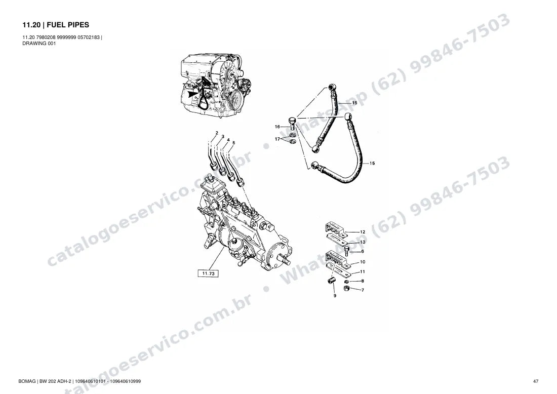 Catálogo de peças Bomag BW 202 ADH-2: vista explodida do conjunto 11.20 FUEL PIPES