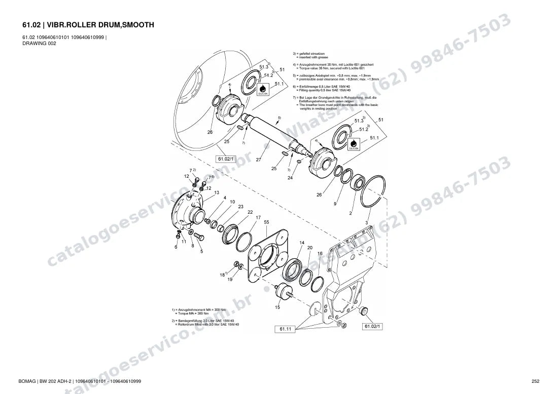 Catálogo de peças Bomag BW 202 ADH-2: vista explodida do conjunto 61.02 VIBR.ROLLER DRUM,SMOOTH
