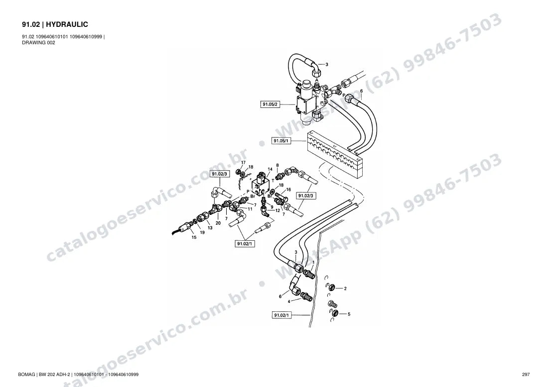Catálogo de peças Bomag BW 202 ADH-2: vista explodida do conjunto 91.02 HYDRAULIC
