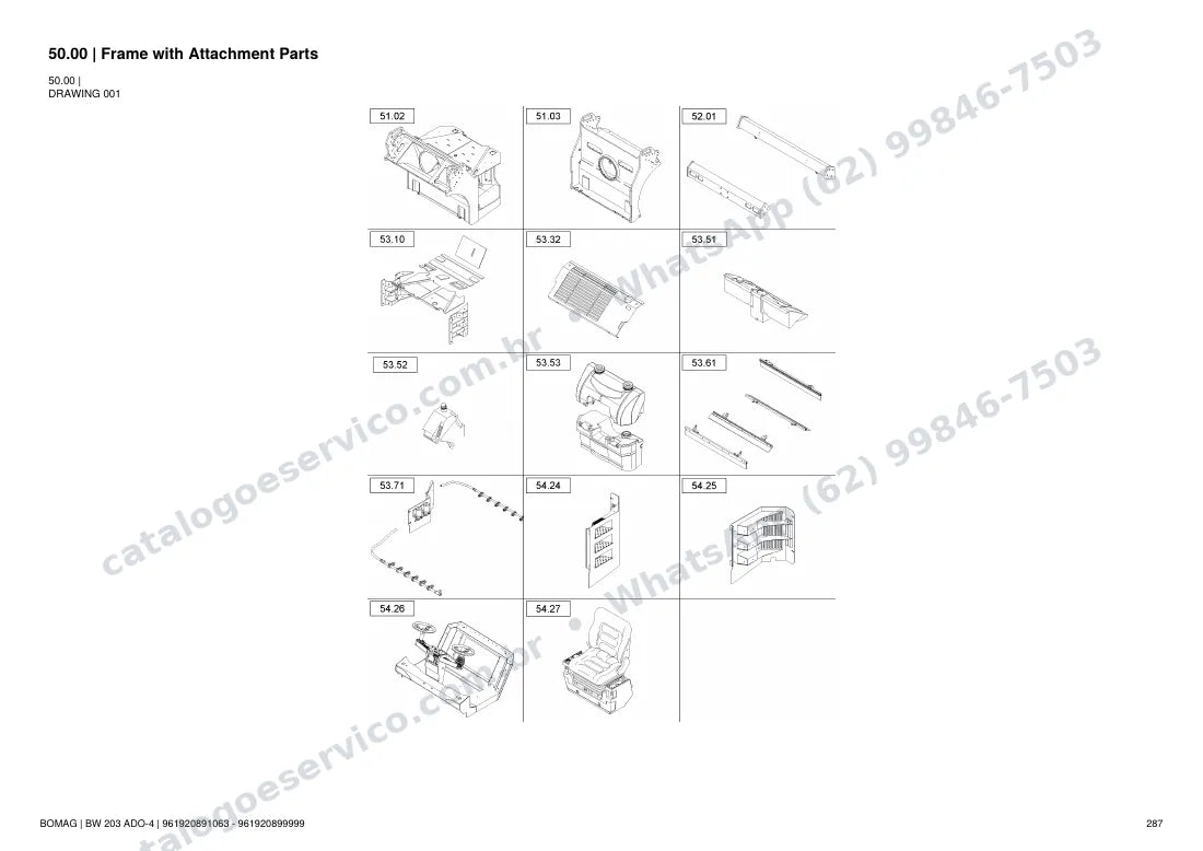 Catálogo de peças Bomag BW 203 ADO-4: vista explodida do conjunto 50.00 Frame with Attachment Parts