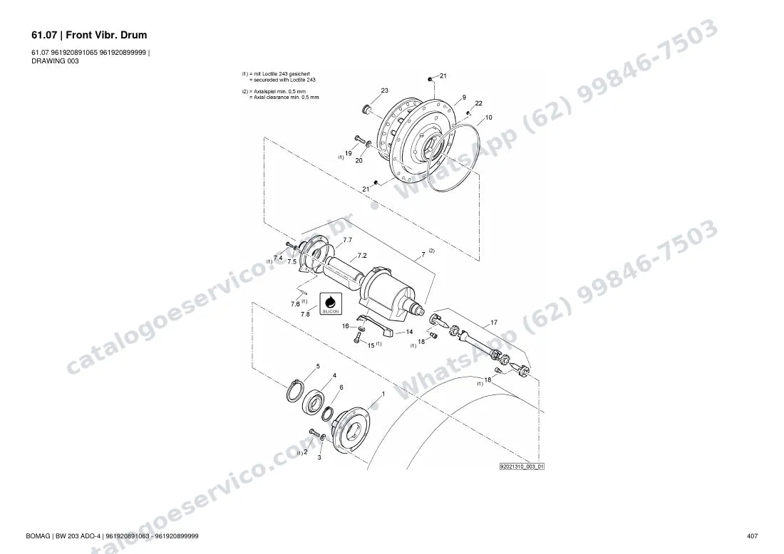 Catálogo de peças Bomag BW 203 ADO-4: vista explodida do conjunto 61.07 Front Vibr. Drum
