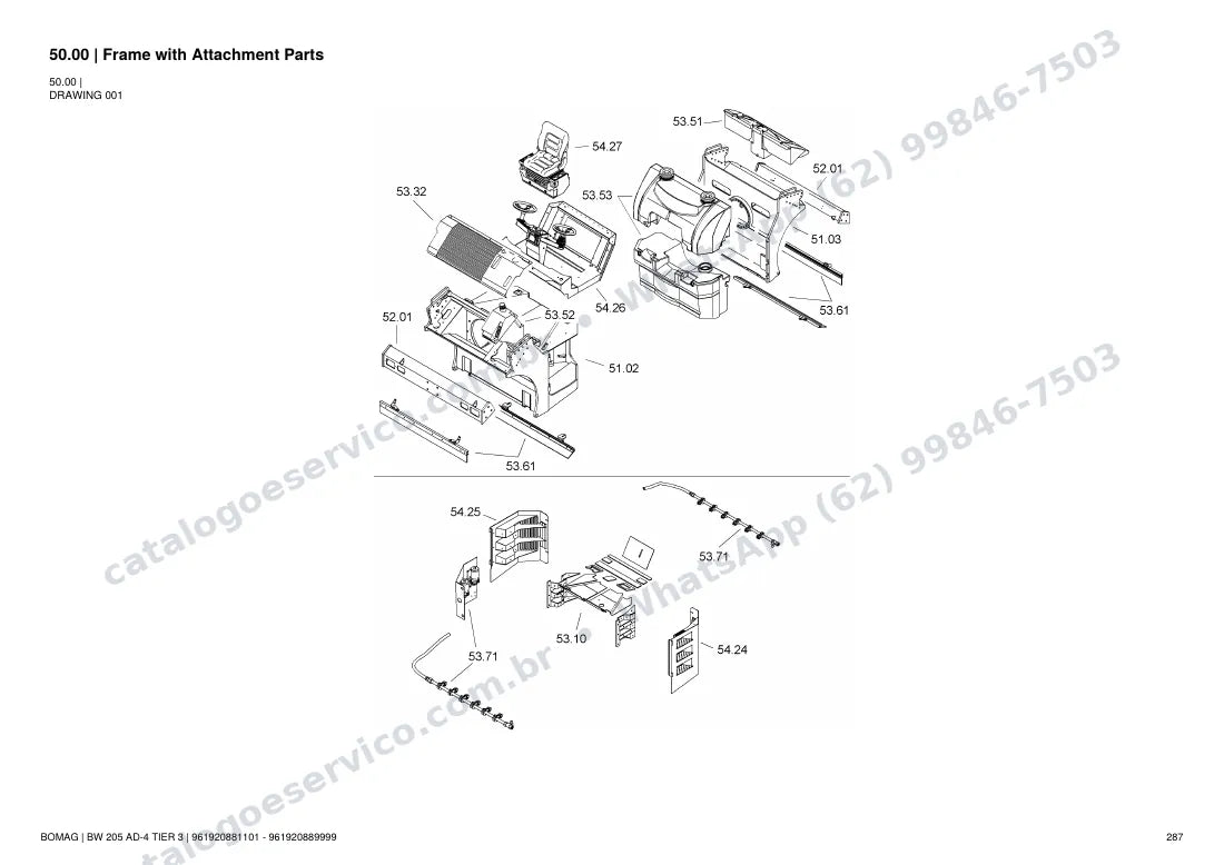 Catálogo de peças Bomag BW 205 AD-4 Tier 3: vista explodida do conjunto 50.00 Frame with Attachment Parts