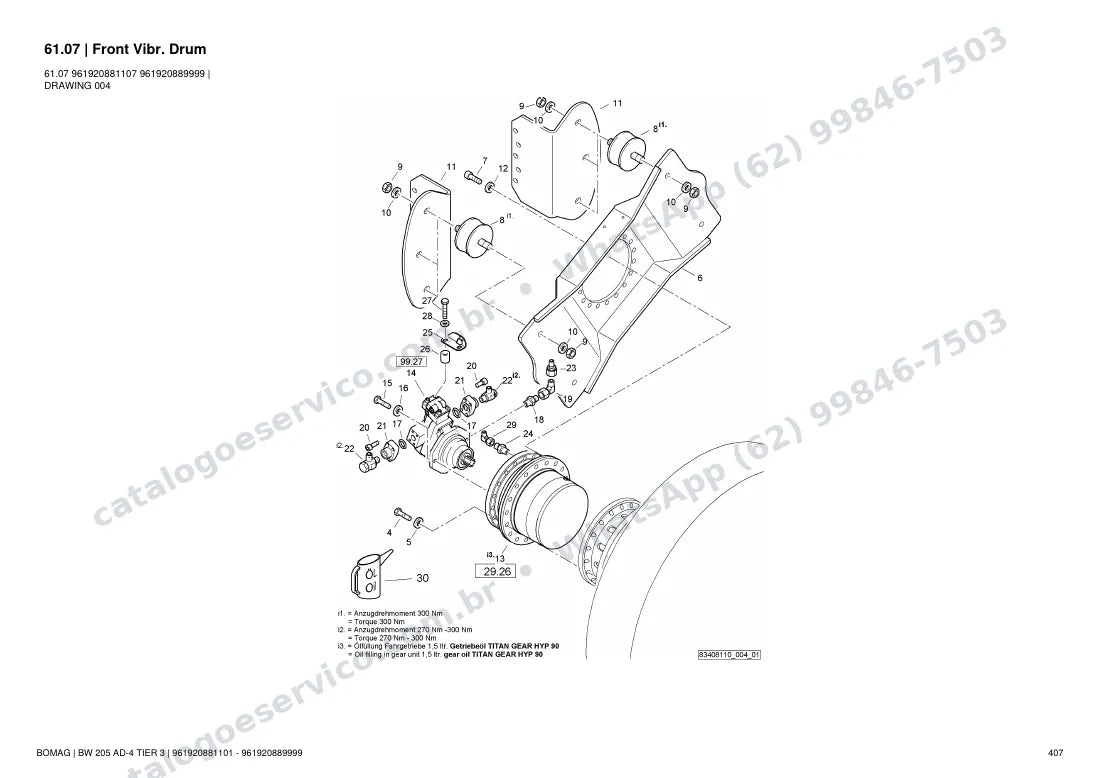 Catálogo de peças Bomag BW 205 AD-4 Tier 3: vista explodida do conjunto 61.07 Front Vibr. Drum