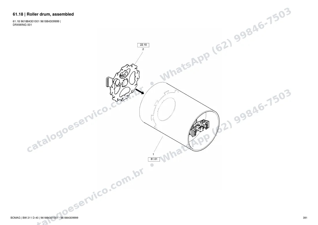 Catálogo de peças Bomag BW 211 D-40: vista explodida do conjunto 61.18 Roller drum, assembled