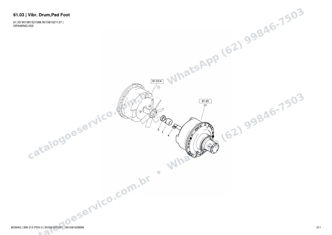 Catálogo de peças Bomag BW 213 PDH-3: vista explodida do conjunto 61.03 Vibr. Drum,Pad Foot