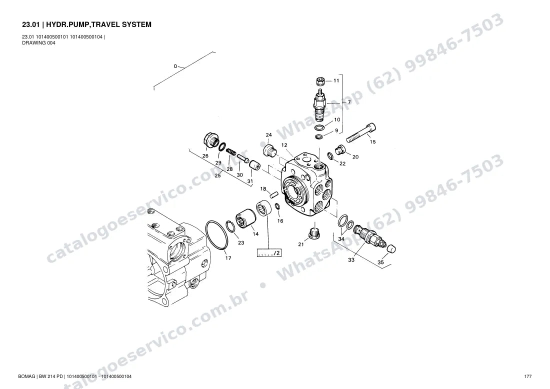 Catálogo de peças Bomag BW 214 PD: vista explodida do conjunto 23.01 HYDR.PUMP,TRAVEL SYSTEM
