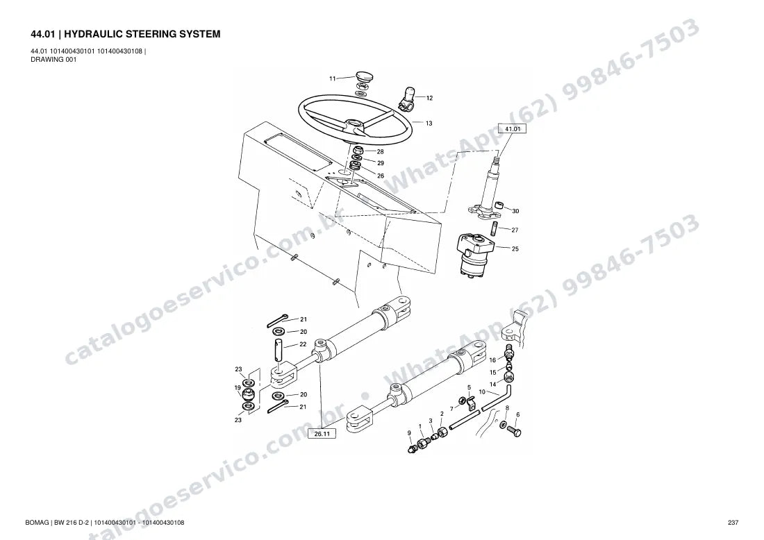 Catálogo de peças Bomag BW 216 D-2: vista explodida do conjunto 44.01 HYDRAULIC STEERING SYSTEM