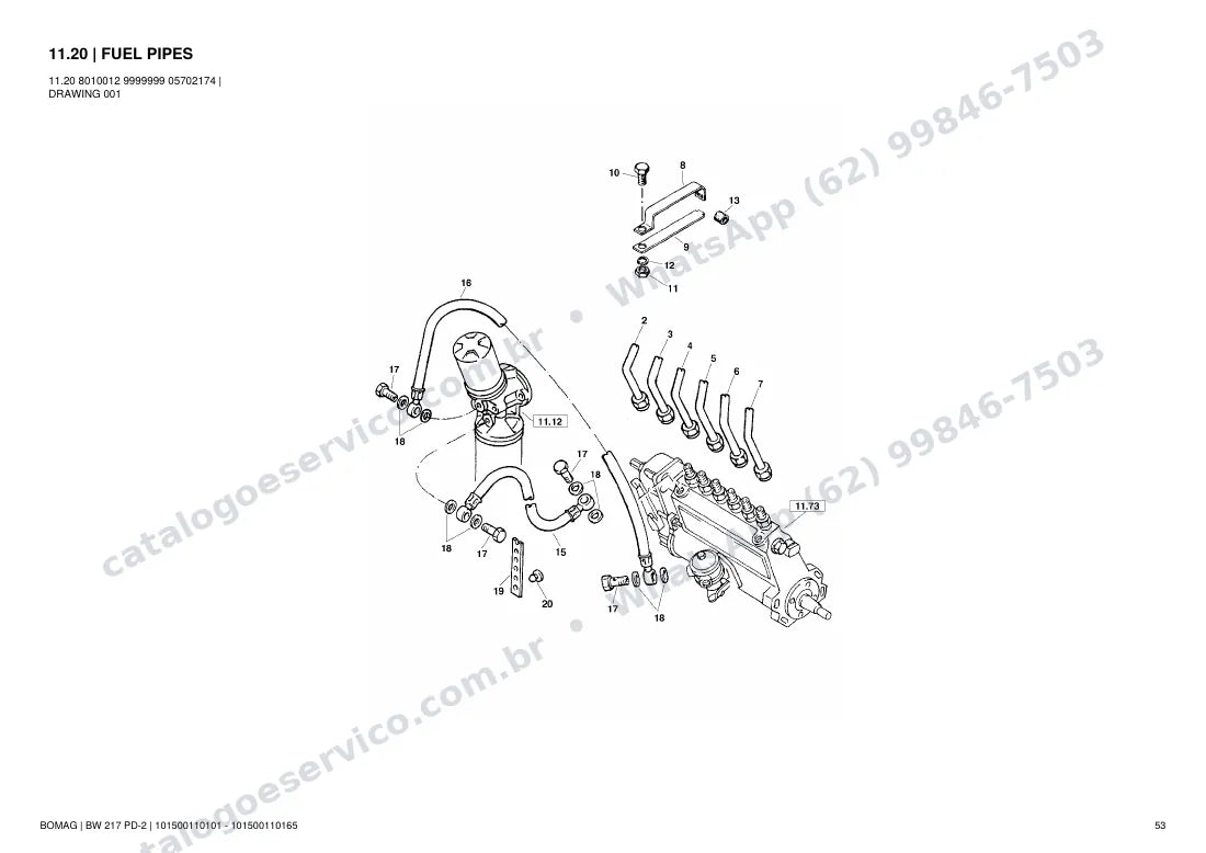 Catálogo de peças Bomag BW 217 PD-2: vista explodida do conjunto 11.20 FUEL PIPES