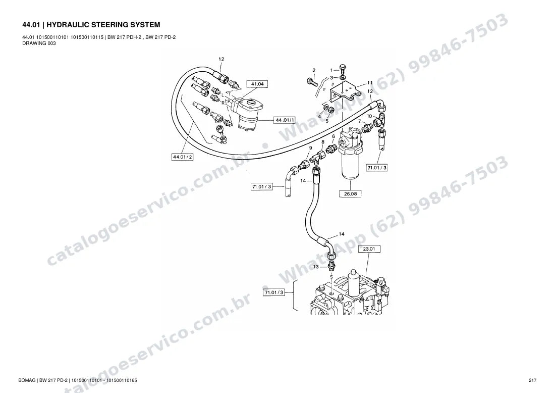 Catálogo de peças Bomag BW 217 PD-2: vista explodida do conjunto 44.01 HYDRAULIC STEERING SYSTEM
