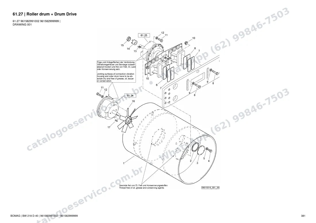 Catálogo de peças Bomag BW 218 D-40: vista explodida do conjunto 61.27 Roller drum + Drum Drive