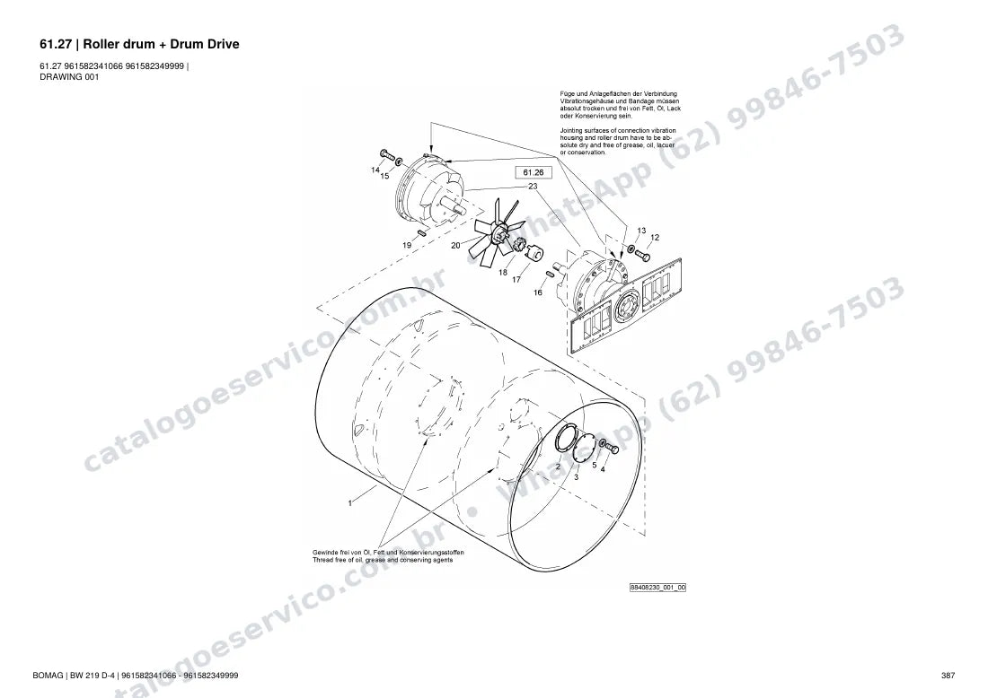 Catálogo de peças Bomag BW 219 D-4: vista explodida do conjunto 61.27 Roller drum + Drum Drive