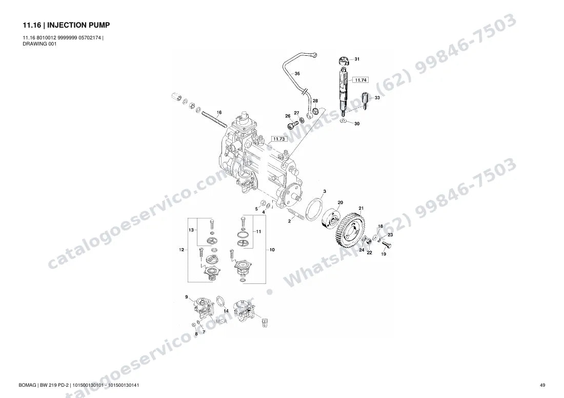 Catálogo de peças Bomag BW 219 PD-2: vista explodida do conjunto 11.16 INJECTION PUMP