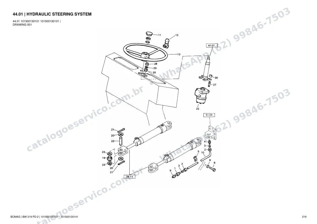 Catálogo de peças Bomag BW 219 PD-2: vista explodida do conjunto 44.01 HYDRAULIC STEERING SYSTEM